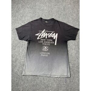 Mens T-Shirt Stussy World Tour Black Gray Dip Dye, Size L